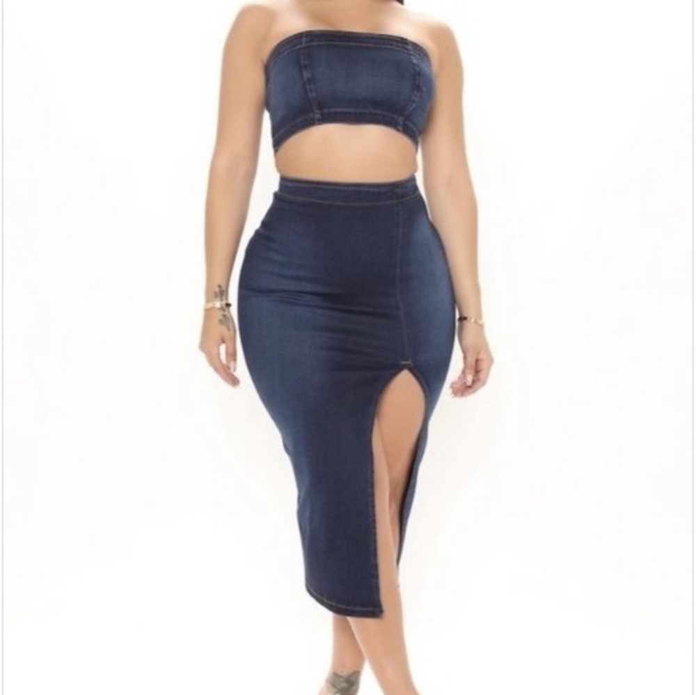 Denim Set 2pc Tube Top Midi Pencil Skirt High waisted Bodycon Stretch New - Picture 7 of 9